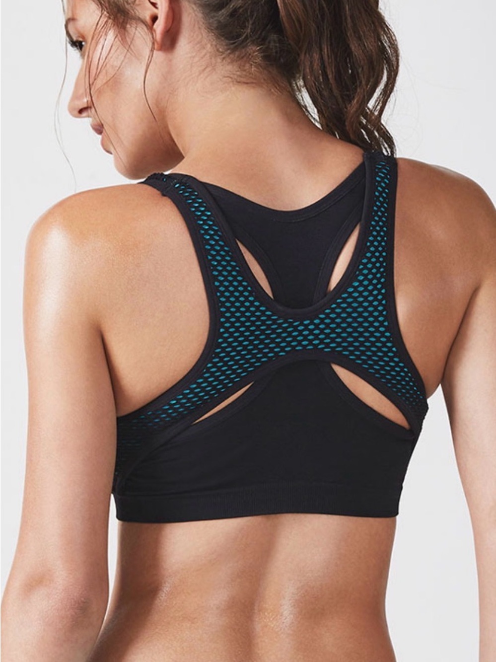 Fabletics Lunada Seamless Sports Bra Black Aqua Workout Athleisure XS New - Picture 2 of 5